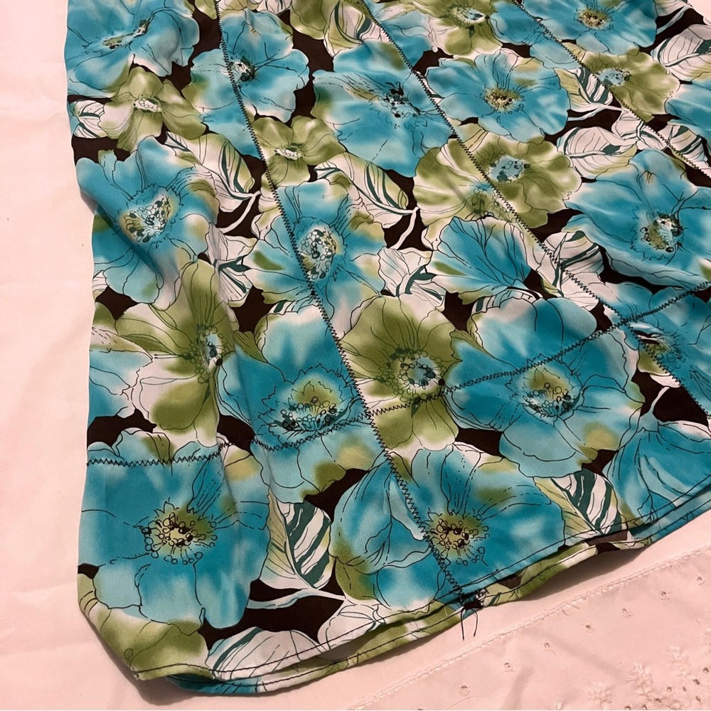Vintage Blue Green Floral Midi Skirt with Brown Accents - Size 8 - Picture 5 of 9